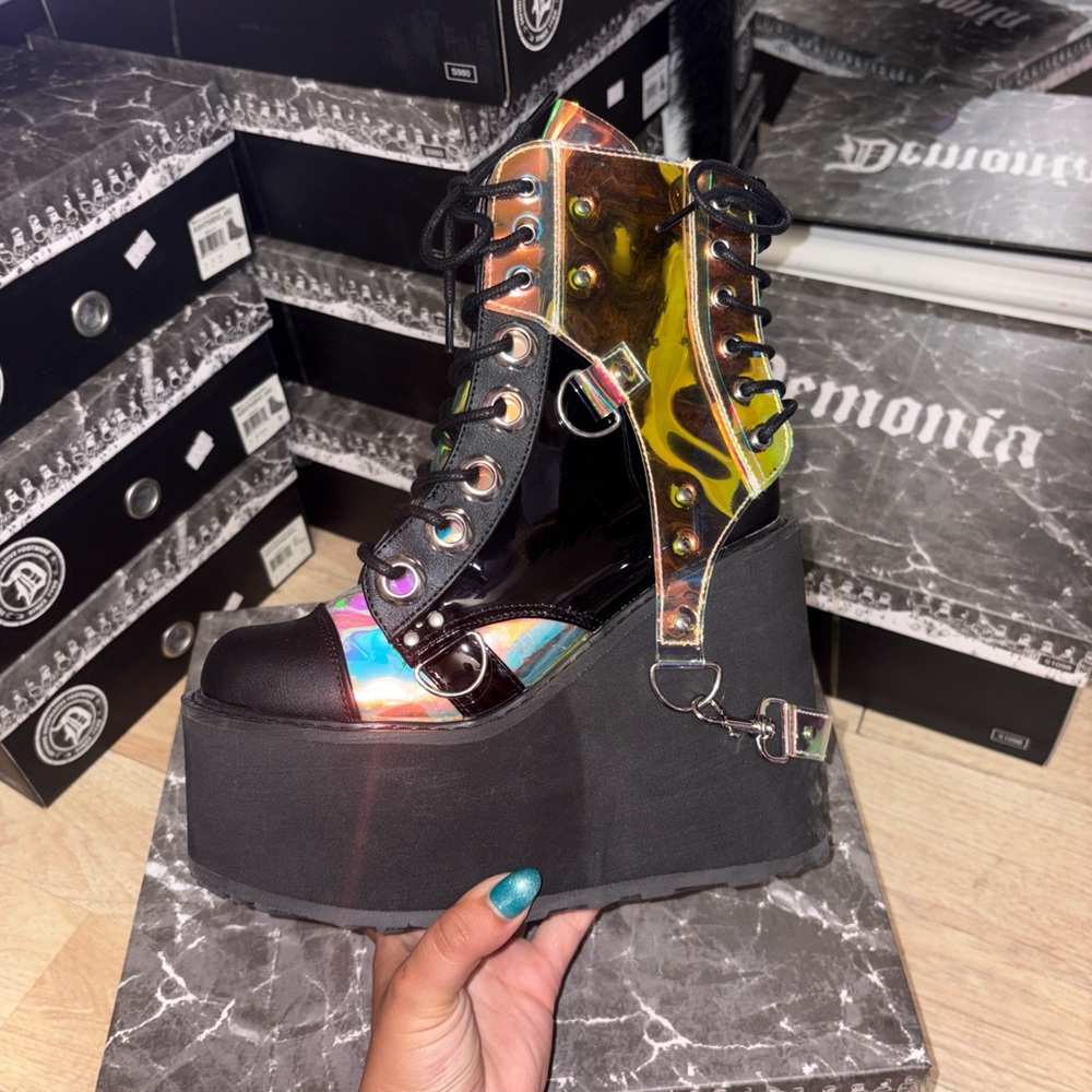Demonia Holographic Lace-Up Platform Boot with Black Wedge
